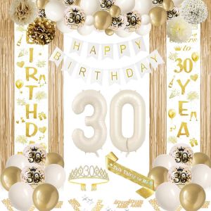 SJZG-D&eacute;corations Pour 30&Egrave;me Anniversaire Blanc Or, D&eacute;coration De F&ecirc;te Pour Fille 30 Ans, D&eacute;coration De Ballons Beige Or, Rideaux De M&eacute;talliques, Anniversaire Pour Femme/Fille Pour D&eacute;coration 30 Ans ( - Neuf