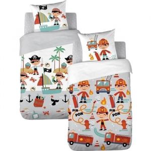 Parure De Lit Enfant R&eacute;versible Pompier Et Pirate Housse De Couette 140x200cm + 1 Taie D'oreiller 63x53cm 100% Coton Bio* - Neuf