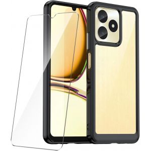 AEFJ-Verre tremp&eacute; pour Realme Note 50 (6.74") Coque Noir + Protection D'&eacute;cran Film Protecteur - &Eacute;tui avec Cadre en Silicone Souple TPU et Dos Dur Transparent Housse Case Cover - Neuf