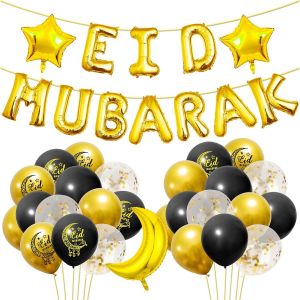 MEVRONISSHOP-45 Pcs Eid Decorations for Home, Dor&eacute; Etoile Lune Eid Mubarak Ballons Banni&egrave;re D&eacute;cor, Ballon A&iuml;d Mubarak en Latex avec Ruban, Balloon Aid Moubarak Photobooth D&eacute;cor pour Maison Restaurant - Neuf