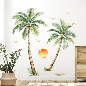 ERYI-Stickers Muraux Palmier Grand Tropical Plantes Autocollants Mural Arbre Oiseaux Soleil Plage Art Décor Pour Chambre Salon Bureau (H: 128Cm) - Neuf