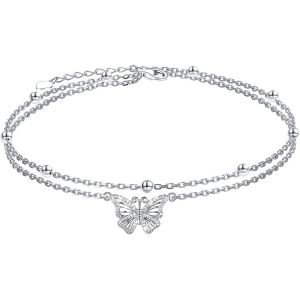 Chaîne De Cheville Or Argent Pour Dames Set I Papillon Layered Chaîne De Cheville I Été Pieds Nus Plage Chaîne De Cheville - Réglable 22+5cm -Cadeaux Pour Petite Amie (Papillon - Argent) - Neuf