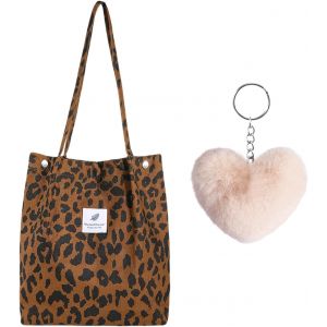 Senior-1 Sac À Bandoulière En Velours Côtelé Avec Motif Léopard Et 1 Pendentif Abricot En Forme De Coeur Pour Femme, Grand Sac De Courses Tendance Et Polyvalent, Motif Léopard, 28 X 68 Cm[L1111] - Neuf