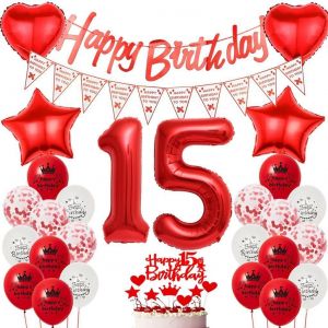 D&eacute;coration Anniversaire 15 Ans Fille - Ballons Rouge Et D&eacute;co F&ecirc;te - Neuf