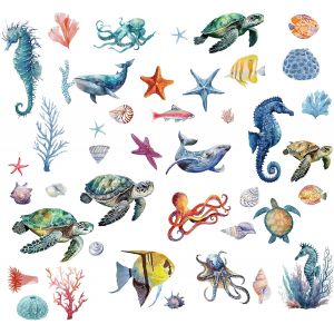 8 Feuilles 8 Styles Sous La Mer Stickers Muraux Tortues Fen&ecirc;tre Clings M&eacute;duses Oc&eacute;an Poissons D&eacute;coration Murale Stickers Amovibles Pour Chambre D'enfant Salon Salle De Bains - Neuf