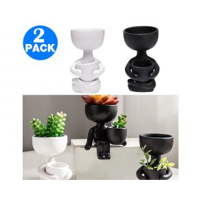 Lot De 2 Pots De Fleurs En C&eacute;ramique En Forme Humaine, Noir Et Blanc - Neuf