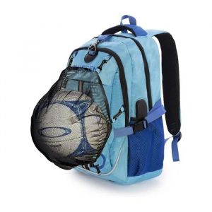Sac &agrave; dos enfant bleu avec filet ballon et casque amovible, port USB, sport et &eacute;cole, compartiment PC 15,6 pouces, Oxford robuste - Neuf