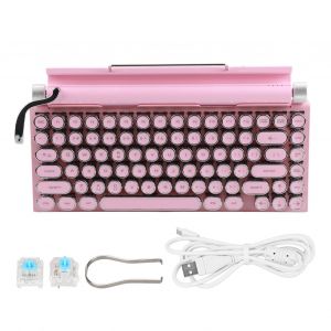 Clavier mecanique pour machine a ecrire, 83 touches, interrupteur bleu, Bluetooth 5.0, compatible avec 3 appareils, FN Master, style retro, touches rondes, rose - Neuf