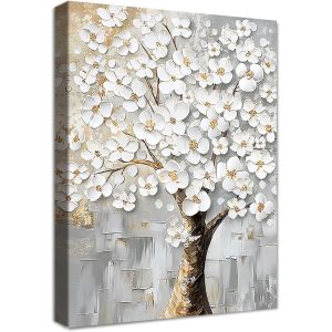 Teppc-Cadre En Bois Impression Sur Toile Arbre À Fleurs Blanches Tableau Image Sur Toile Arbre De Vie Floral Abstrait Tableau Decoration Murale Salon Chambre Coucher Salle De Bains Couloir 40x60cm - Neuf