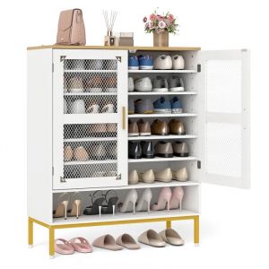 COSTWAY Meuble a Chaussure &agrave; 7 Niveaux - Portes en Maille, 5 &Eacute;tag&egrave;res R&eacute;glables, Pieds en M&eacute;tal pour Entr&eacute;e, Couloir, Salon, Blanc - Neuf