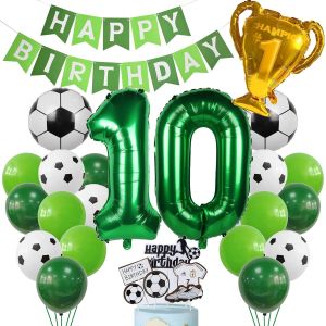 Ballon Football 10e Anniversaire Vert H&eacute;lium - D&eacute;coration G&acirc;teau Gar&ccedil;on - F&ecirc;te D'anniversaire Enfants 10 Ans - Neuf