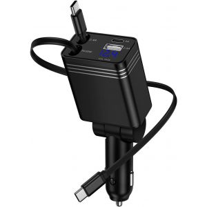 JGD-4 en 1 R&eacute;tractable Chargeur Voiture Allume Cigare USB C, 12V Prise Allume Cigare Charge Rapide for iPhone 17 16 15 Pro Max, Samsung Galaxy S25 Ultra S24 S23 FE S22 S21 A15 A16 A26 A36 A54 A55 A56 - Neuf