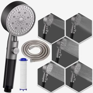 LKJKJ-Pommeau de Douche Filtrant, Pommeau de Duche Economie Deau avec Bouton D'arrêt D'eau, Douchette avec Flexible de 1,5 m, Pommeau de Douche Haute Pression, Douchette avec 5 Types de Jet - Neuf