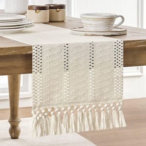 Style Boh&egrave;me Tapis De Table En Coton Et Lin 30 X 220 Cm - D&eacute;cor Rustique De Ferme Avec Franges Nou&eacute;es - Id&eacute;al Pour Une Table De Printemps Ou Un Th&eacute;, - Neuf