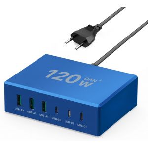 KALANKA-Chargeur USB C 120 W GaN, Chargeur USB Multiple PD, Station de Charge 6 Ports, Compatible avec iPhone/Samsung/Google/Tablette/Alimentation Mobile et Autres appareils USB (Bleu) - Neuf