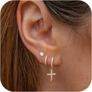 Boucles D'oreilles Pour Homme Femme Plaqué Or 14 Carats Croix Cz Boucles D'oreilles Dangle Boucles D'oreilles Croix Manchette Percing Cartilage Oreilles Hoop.[X2794] - Neuf