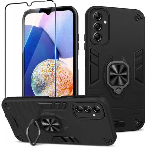 Kal-Coque Pour Samsung Galaxy A14 4g/5g Avec Verre Trempé, Etui De Protection Antichoc De Qualité Militaire, Housse Avec Anneau Support Métallique, Support De Voiture Compatible, Noir - Neuf