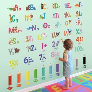 ERYI-Stickers Muraux Alphabet Animal Coloré, Autocollants Mural Numéro Decoratif Vinyle Adhesif, Décoration Murale Pour La Chambre D'Enfant Salon Bébé Pépinière - Neuf