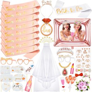 CHECARZHN--NO1-Lot De 36 Accessoires Pour Enterrement De Vie De Jeune Fille, 1 Écharpe Bride To Be 8 Team, Voile En Cascade, Diadème De Mariée, Kit D'Accessoires Pour Cabine Photo De Mariage, Enterre - Neuf