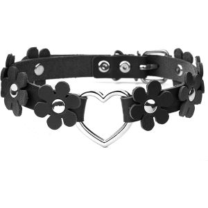Kal-Choker Cuir Femme Gothique Collier Choker Coeur Noir Choker Fleur Bijoux Emo - Neuf