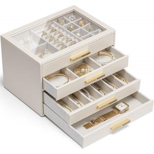 Jexnovashop-Grande Bo&icirc;te &Agrave; Bijoux &Agrave; 4 Niveaux Avec Couvercle En Verre, 4 Tiroirs, Pour Colliers, Boucles D'oreilles, Montres, Bracelets, Rangement De Bijoux, Moderne, Cendrillon Plus, Blanc - Neuf