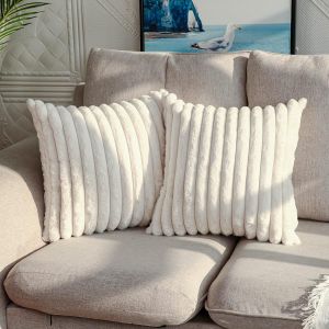 Cauc-Lot De 2, Double-Face Fausse Fourrure En Peluche D&eacute;coratif Housses De Coussin Floues Rayures Souples Taie D&iquest;Oreiller Coussin Pour Canap&eacute; Canap&eacute; Chambre Blanc Cr&egrave;me 45 X 45 Cm - Neuf