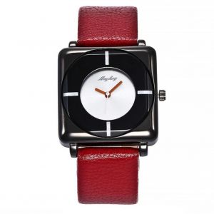 Mcykcy Double Miroir Cadran Rectangle Pu Montre À Quartz (Ceinture Rouge Cadran Noir) - Neuf