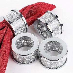 (Argent, 4 pièces) Ronds de serviette en métal strass brillants pour décoration de fête de mariage - Neuf