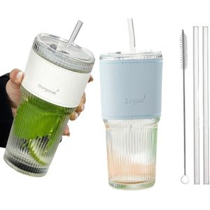 Lot De 2 Verre À Eau Avec Couvercle Et Paille Et Brosse,600 Ml Verre Avec Paille,Tasse De Smoothie Hermétique Et Conception Étanche,Tasses En Verre À Café Glacé,Verre À Bière Qualité Supérieure - Neuf