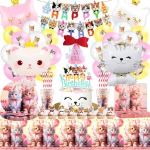 CAUC-Chat D&eacute;coration Anniversaire Enfant - Set 103 Pi&egrave;ces avec Ballons, Vaisselle, Assiette, Nappe, Tasse, Serviette - Th&egrave;me Chats pour F&ecirc;te Fille et Gar&ccedil;on - Neuf