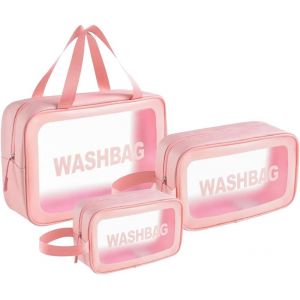 MAA-Lot de 3 trousses de toilette transparentes avec poignée de transport, étanche, pour homme et femme, rose bonbon, Trousse de maquillage transparente - Neuf