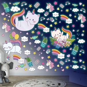 Cauc-Sticker Mural Phosphorescent Chat &Eacute;toile Lumineuse Plafond Stickers Muraux Autocollant Mural Licorne Stickers Muraux Enfants Arc-En-Ciel D&eacute;coration Chambre Enfant Et B&eacute;b&eacute; Deco Chambre Fille Vert - Neuf
