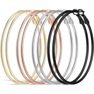 Kal-Lot De 4 Paires De Grandes Boucles D'oreilles Cr&eacute;oles En Acier Inoxydable - Longueur : 70 Mm - Argent - Cercle Dor&eacute; - Hypoallerg&eacute;niques - Pour Filles Et Femmes, 50mm, Acier Inoxydable - Neuf