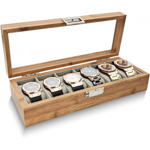 Kal-Boite A Montre 6 Slots, Boite Rangement Montre Avec Oreiller Amovible, Etui Montre D'affichage Vintage, Coffret Montre Avec Couvercle En Verre(6 Emplacements) - Neuf