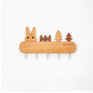 Porte-manteau mural en bois - 4 crochets - mur/porte - chambre d'enfant/cuisine/vestiaire - motif chat mignon naturel/gris/blanc - Neuf