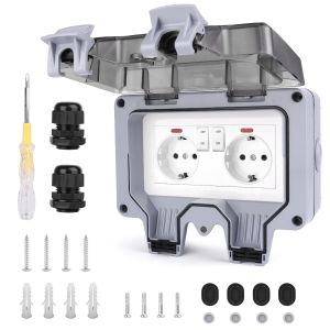 Prise Exterieure Etanche avec Interrupteur T&eacute;moin Lumineux, Prise Murale Double,rise de Courant Externe pour Jardin, Garage, Piscine Cuisine, Salle de Bain - Neuf