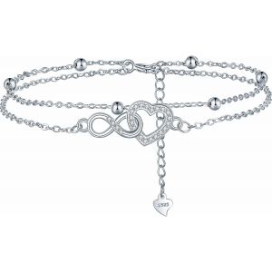 Eryi-Bracelet Coeur Infini Pour Femme Argent Sterling 925 Double Amitié Chaînes Bracelet Avec Zircone, Cadeau Pour Anniversaire Fête Des Mères, Réglable 17+4cm - Neuf
