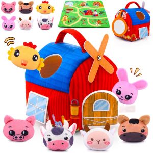 JGD-Jouet Bebe 6 Mois,Animaux de la Ferme en Peluche avec Grange, Hochets, Miroirs Jouet Sensoriel Bebe 0-6 Mois,Jeux Montessori Enfant Cadeau Bébé 3 6 9 Mois - Neuf