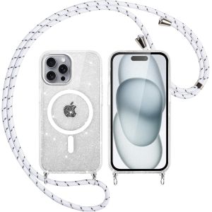 SJZG-Couqe Magn&eacute;tique Pour Iphone 16 Pro Con Cordon 6,3"", Compatible Avec Magsafe, Transparent Glitter Paillet&eacute; Antichoc Anti-Rayures Housse R&eacute;glable Collier Bumper Case Pour Iphone 16 Pro, Blanc - Neuf