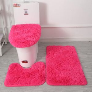 KAL-Lot De Tapis De Bain Antidérapant, 3 Pièces, Tapis Contour Toilette À Poils Longs, Shaggy Couvercle Pour Abattant Wc Fuchsia - Neuf