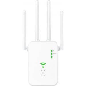 WiFi Repeater, WiFi Amplifier, Powerful Wireless Dual Band WiFi Repeater, 5GHz & 2.4GHz WiFi Extender, with 1 LAN Port, 1 WAN Port, WPS, 3dBi x2 Antennas, for Home and Office - Neuf