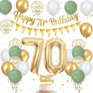 CAUC-Decoration Anniversaire 70 Ans Set, Ballons Anniversaire Vert Or et Blanc, Ballon 70 Ans, Banderole Joyeux Anniversaire, Topper Happy Birthday, pour Deco Anniversaire 70 Ans Femme Homme - Neuf