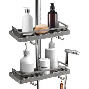 TIANYI-&Eacute;tag&egrave;re Douche sans Percage Porte Savon pour Rangement et Organisation de la Salle de Bain avec 4 Crochets et 2 Un Support de Douche Adapt&eacute; aux Barres de Douche 18mm-25mm Gris - Neuf