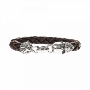Bracelet Homme Cuir T&ecirc;te De Mort Marron Et Argent - Neuf