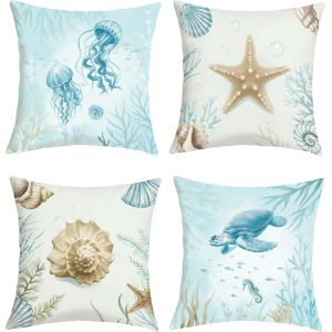 Cauc-Housse Coussin 40x40 Lot De 4 Été Bleu Océan Tortue De Mer Taie D'oreiller Méduses Coquillages Étoile De Mer Housse D'oreiller Pour Coussins Canapé Housses Home Décor - Neuf