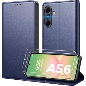 TRAHOO-Coque pour Samsung Galaxy A56 5G [ Verre Tremp&eacute; Protection *2 ] [ Blocage du Signal RFID ] [ Premium PU ] [ Pochette de Portefeuille ] Etui &agrave; Rabat pour Samsung A56 5G,Bleu - Neuf
