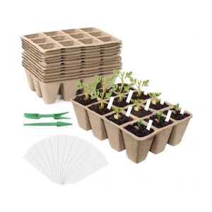 144 pots biod&eacute;gradables pour semis, plateau de 12 pots + &eacute;tiquettes et starter de semis, dimensions 4,1 x 4,1 x 5 cm, id&eacute;al pour graines, plantes, fleurs, l&eacute;gumes et herbes - Neuf