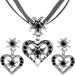 3 Pcs Ensemble De Bijoux Traditionnels Pour Femmes,Bijoux Dirndl Bavarois,Collier Traditionnel,Pendentif Coeur Strass Edelweiss,Pour Accessoires Oktoberfest,Tenue Pour Femme Oktoberfest (Noir.[Y511] - Neuf