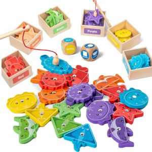 ChenQuanSarl-Jeux Peche A La Ligne Enfant Magn&eacute;tique, Jeu De Tri Montessori, Apprendre Couleurs Et Formes, Motricit&eacute; Fine, Jouet En Bois Bebe, Cadeau Fille Garcon 2 3 4 5 Ans, 46 Pcs - Neuf