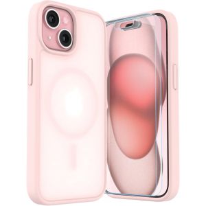 KALANKA-3 en 1 Coque pour iPhone 15 avec 2 Film de Protection Coque de Protection Antichoc Magn&eacute;tique Mat Translucide pour iPhone 15 - Rose Mat - Neuf